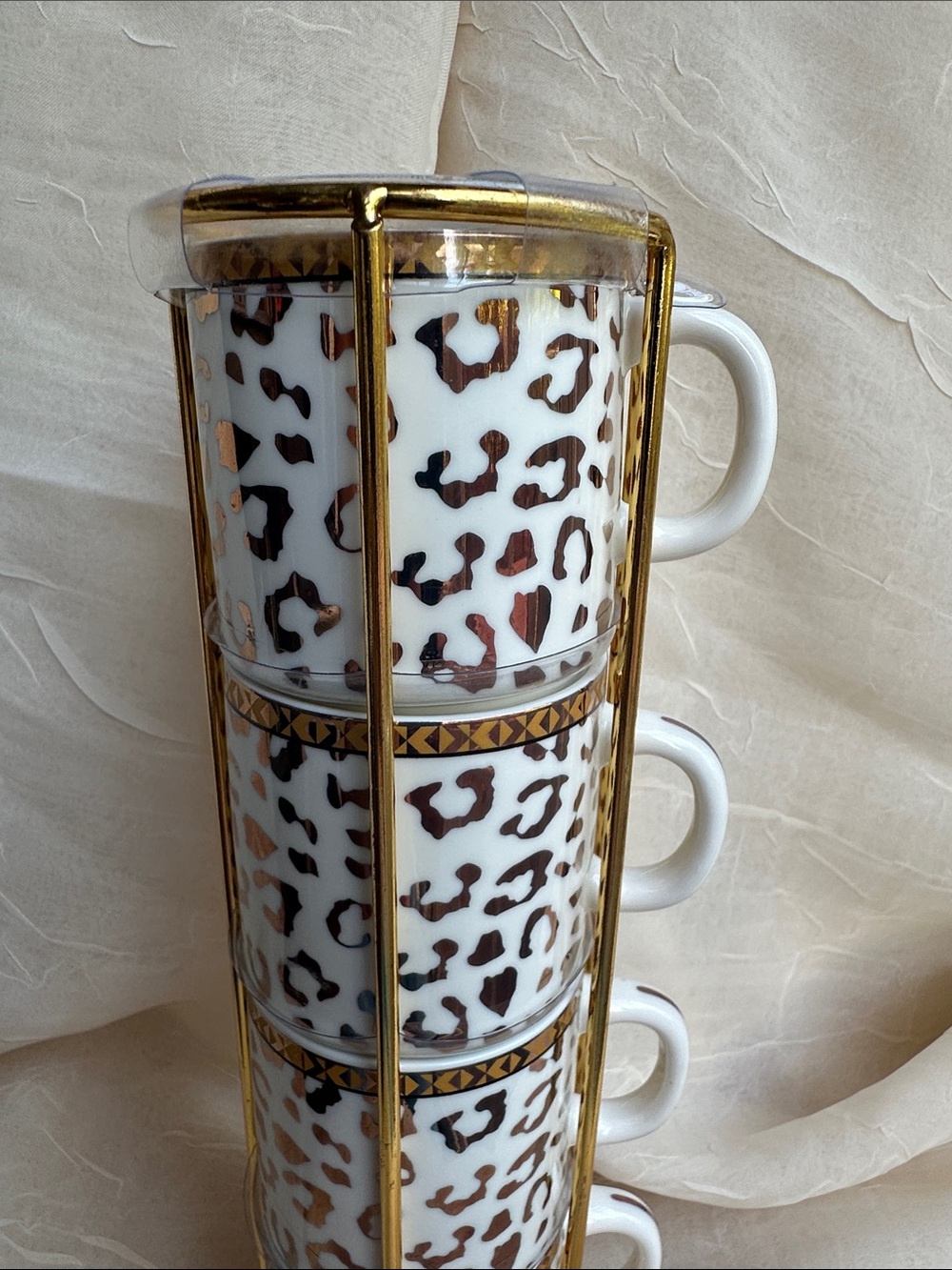 NEW! Grace's Teaware Gold Leopard Print Stackable Espresso Cups Set of 4 w/Stand - Picture 4 of 7